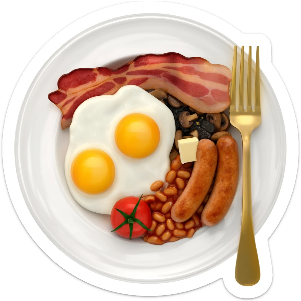 English breakfast on a beautiful white plate with a gold fork sticker