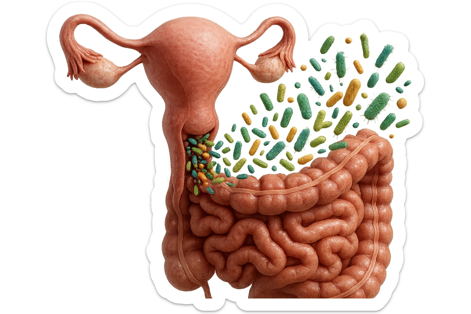 UTERO UMANO E INTESTINO ANATOMICI REALISTICO CON BATTERI CHE ESCONO DALL'INTERNO, IPERREALISTICO 4K sticker