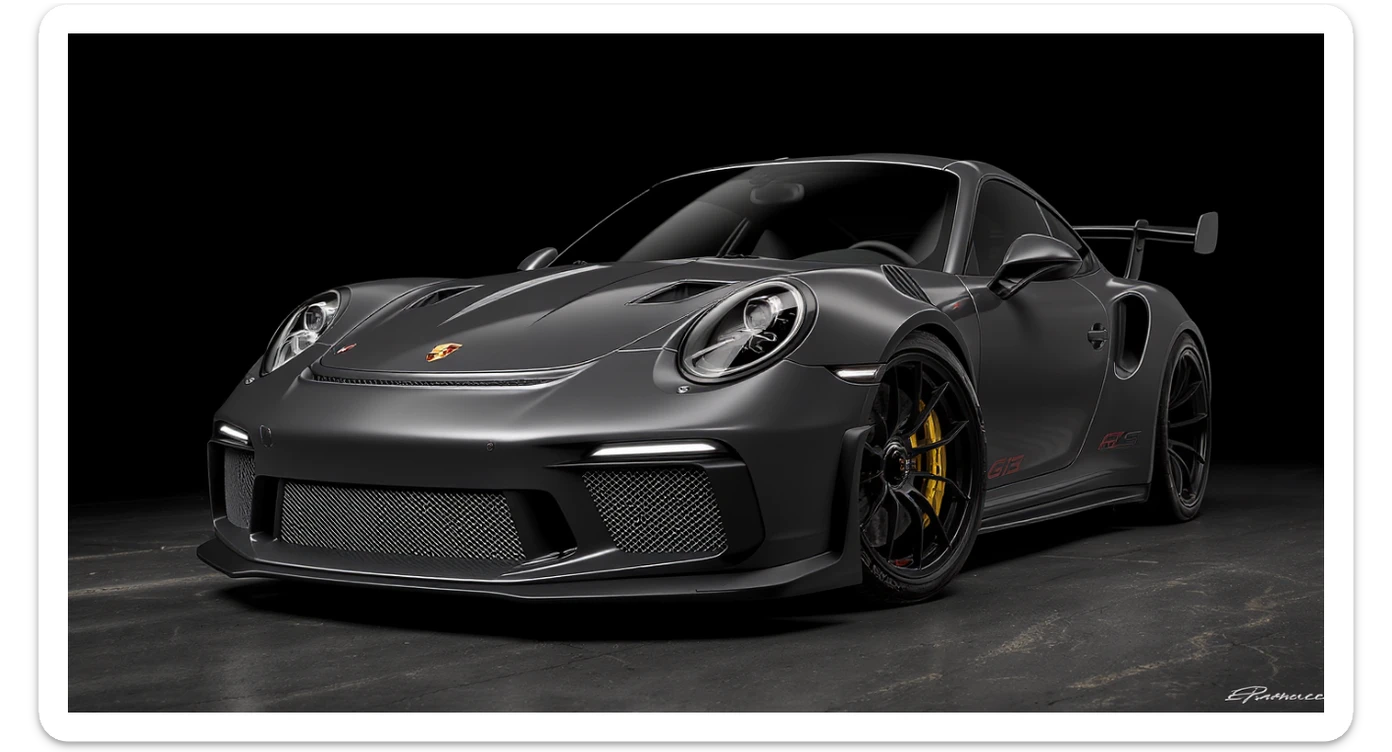 a stunning close-up of a porsche 911 gt3 rs , set against a black solid background. sticker