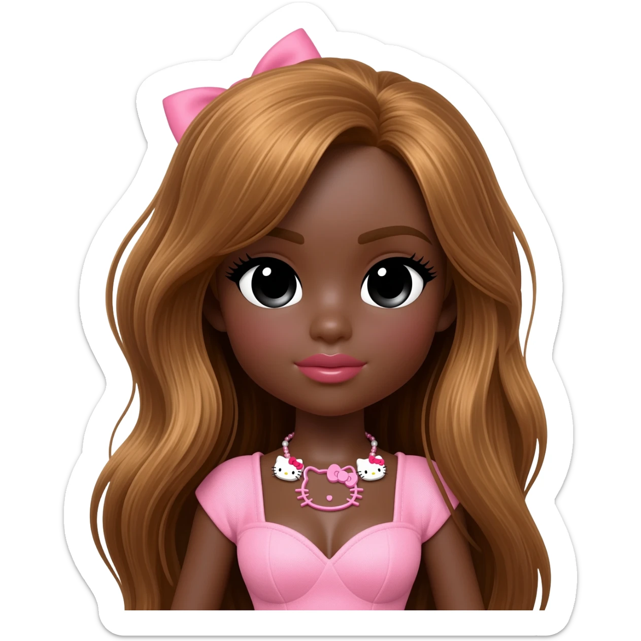 hello kitty necklace, doll eyes, Doll, big chest, dark brown skin, long honey brown hair, black cute eyes, pink bows with cute lips sticker