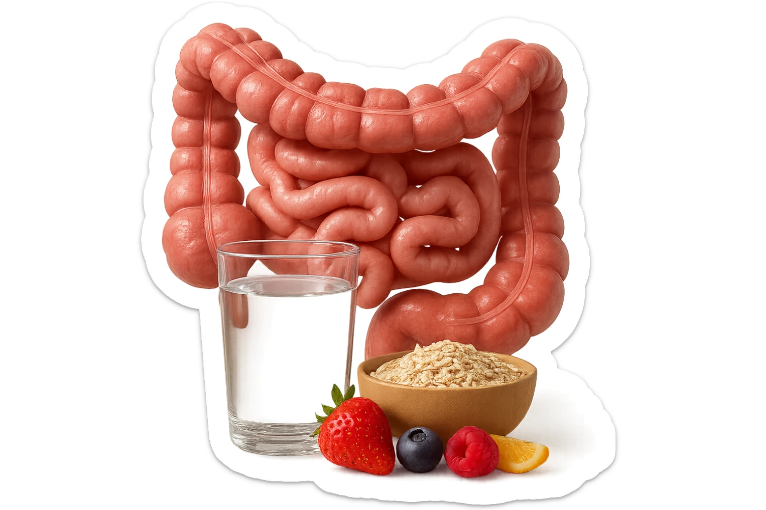 intestino umano anatomico sullo sfondo, davanti a lui un bicchiere di acqua, una bowl di avena e un po' di frutta mista, iperrealistici 4k sticker