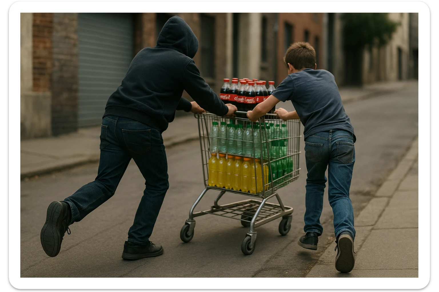 yoshroq aka-uka ichimlik ortilgan aravani olib qochishyapti orqa tarafdan rakurs yuzi ko'rinmasin sticker