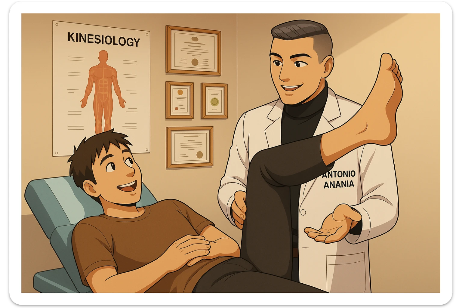 su questo lettino rappresenta un webtoon manga a colori con questo stile, in cui un uomo è steso sul lettino medico e il kinesiologo con il camice bianco (fagli anche la scritta "ANTONIO ANANIA" SUL CAMICE, gli solleva una gamba per fargli il test neuromuscolare, IL KINESIOLOGO SPIEGA ALL'UOMO UNA cosa mentre gli alza la gamba. l'espressione dell'uomo è felice e soddisfatta, non fare i fumetti però, fai solo in modo che sembri stiano parlando sticker