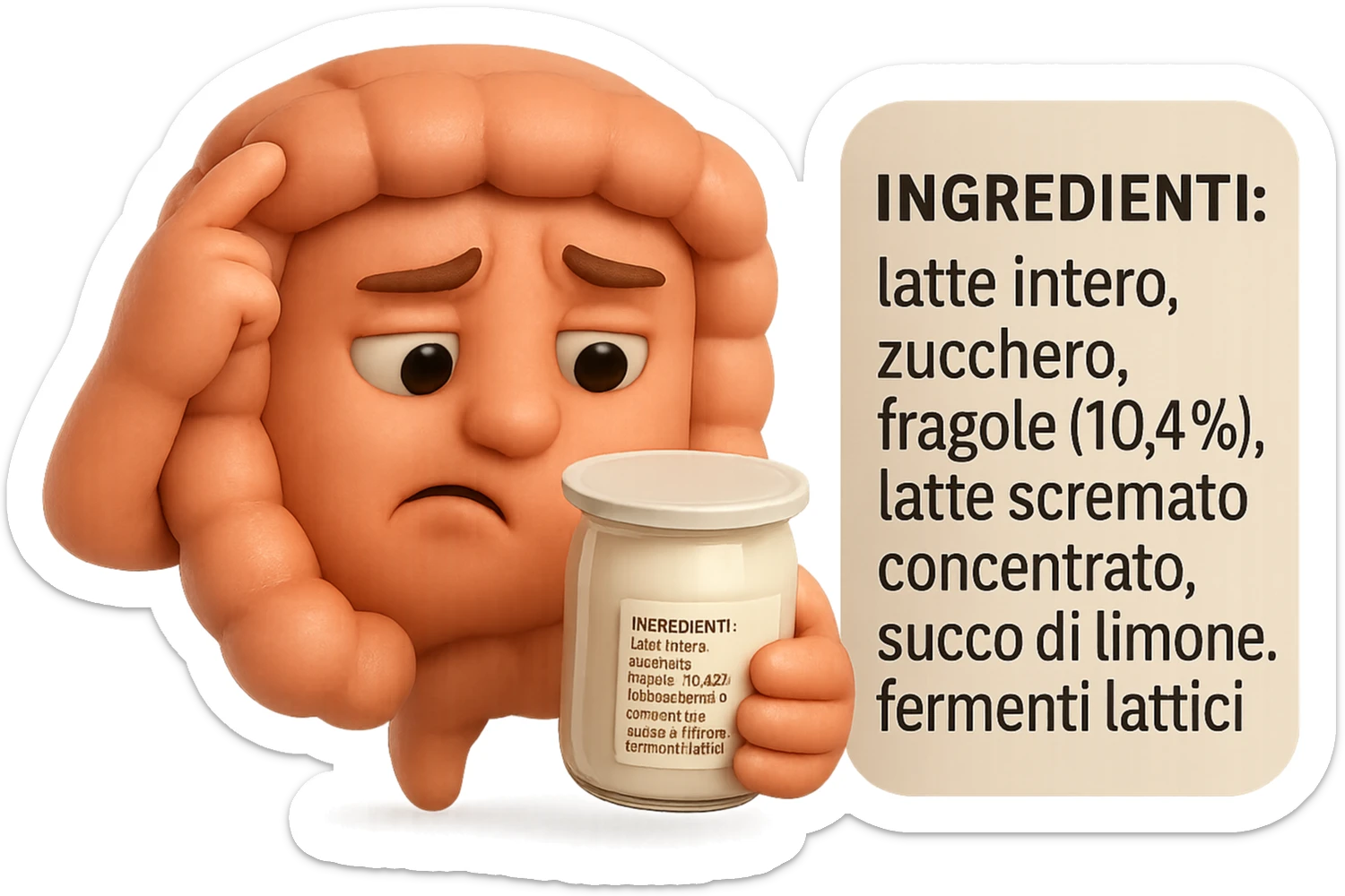 SU QUESTO STILE FAI UN EMOJI STILE IPHONE 3D DI UN INTESTINO CHE HA IN MANO UN BARATTOLO DI YOGURT CONFEZIONATO DA SUPERMERCATO E LEGGE L'ETICHETTA NUTRIZIONALE CON GLI INGREDIENTI IN ITALIANO, ACCANTO ALLO YOGURT CHE HA IN MANO C'è UN FOCUS SULL'ETICHETTA CON GLI INGREDIENTI SCRITTI, FAGLI UN ESPRESSIONE CONFUSA MENTRE LEGGE E FALLO MOLTO REALISTICO IN 3D sticker