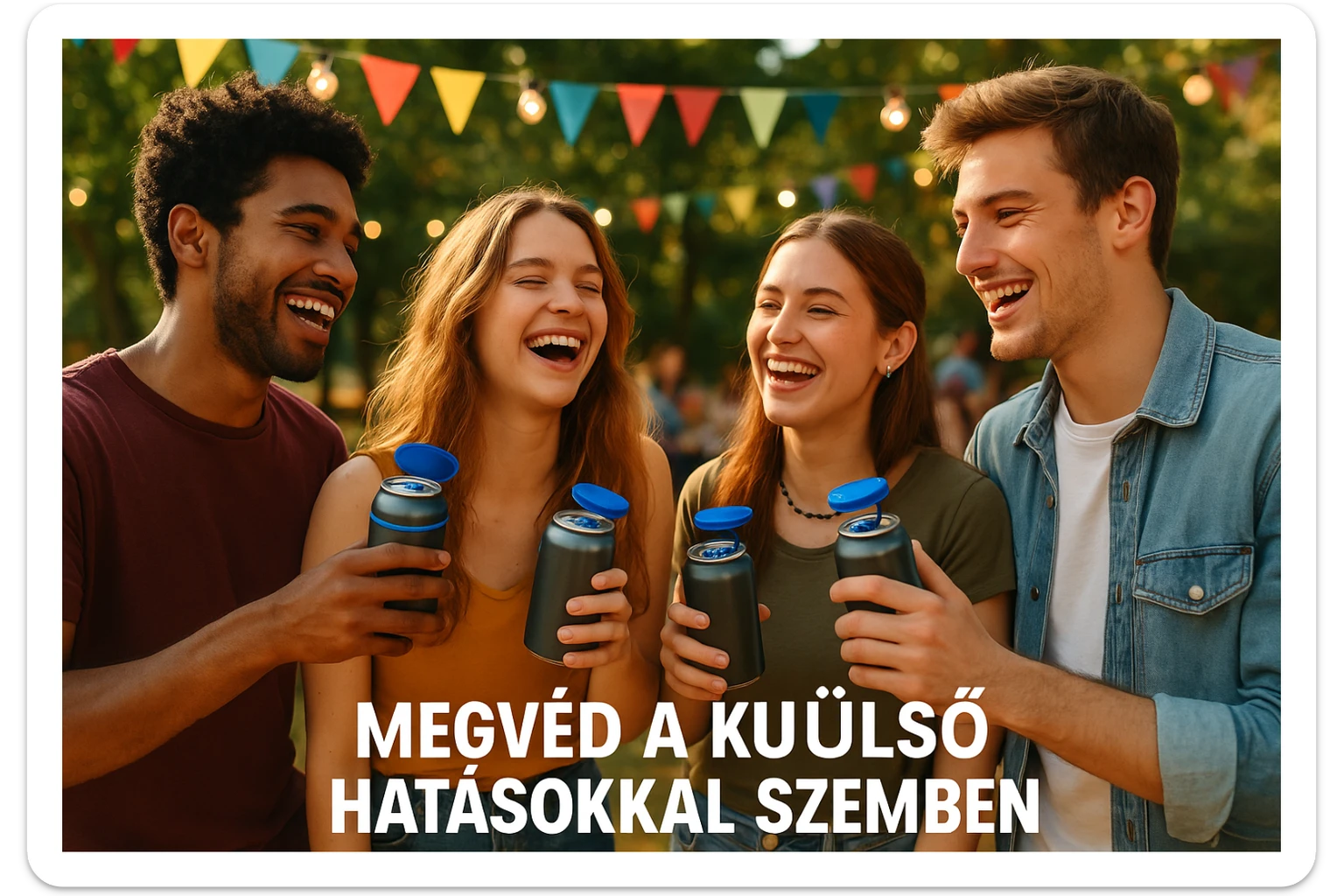 Készíts a következő jellemzőkre a mellékelt fotó felhasználásával a szöveghez illő képet, 1000x600px-es méretűt, fiatalos, dinamikus, megnyerő,változatos, színes, valósághű fotók legyenek!
„Megvéd a külső hatásokkal szemben”
Szennyeződések, darázscsípés (anafilaxiás sokk), „randidrog” esetek számának csökkentése. A „Zárd palackod a külvilág elől” drogprevenciós kezdeményezés fontos eleme. sticker