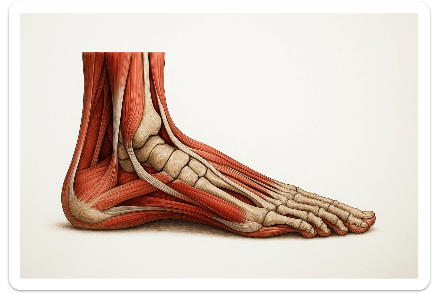 PIEDE UMANO ANATOMICO CON PIANTA PIATTA, VISTO DI PROFILO, CON FASCI MUSCOLARI E OSSA VISIBILI, REALISTICO 4K SFONDO BIANCO sticker