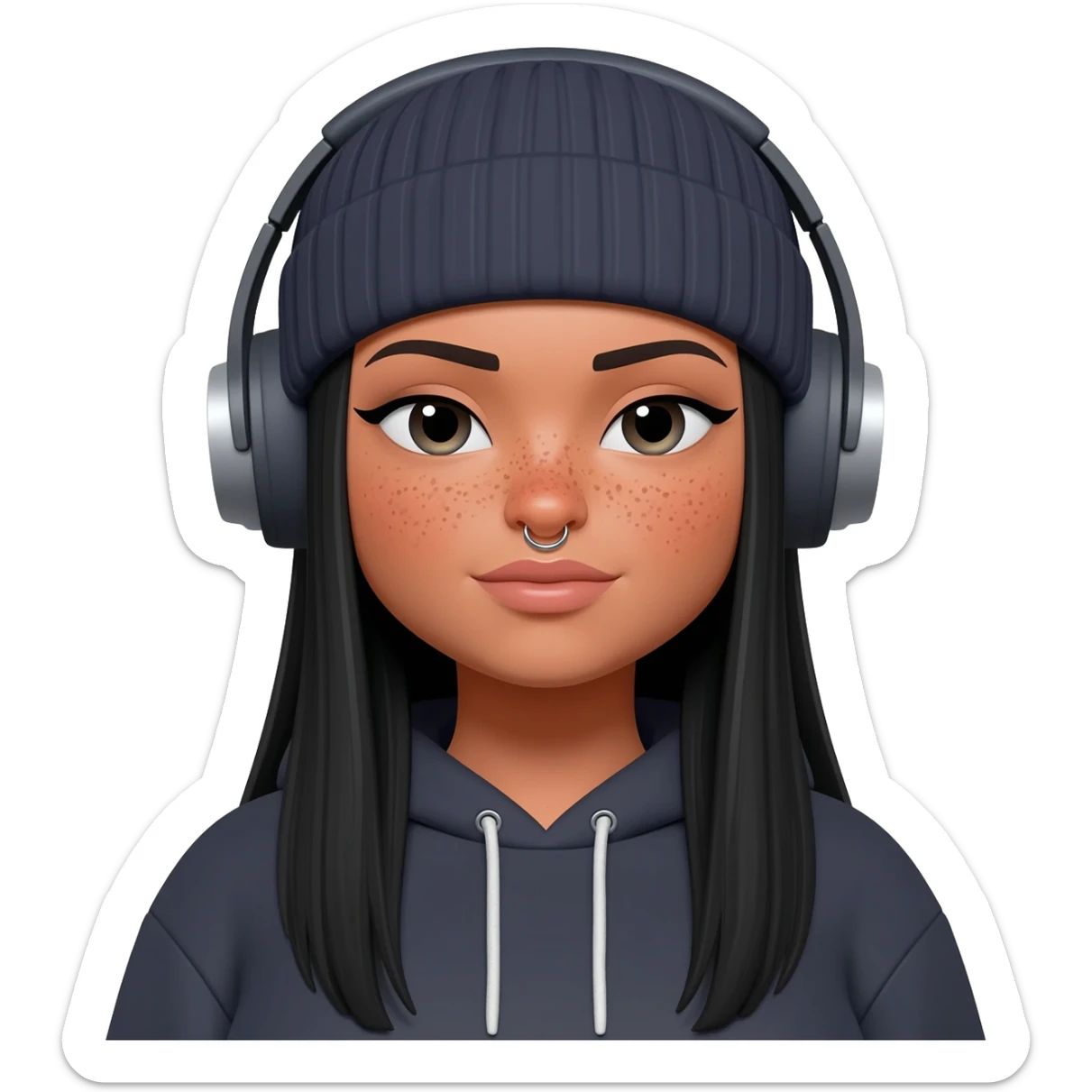 White curvy female with freckles, long straight black hair wearing a beanie and hoodie and nose pierced listening to music sticker