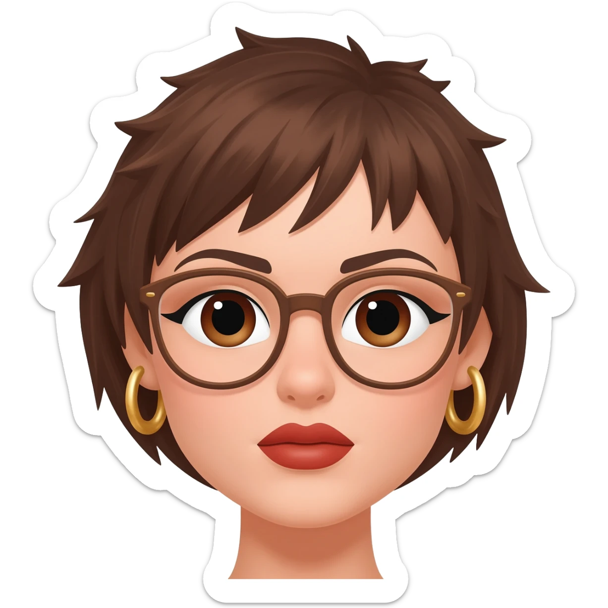 Female very very short brown hair few spikes gold hoop earrings  brown eyes glasses full lips sticker