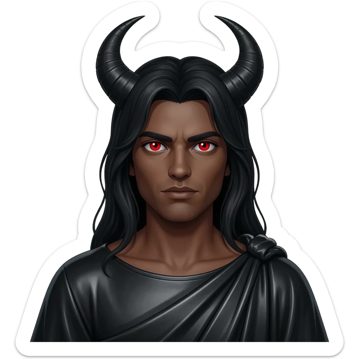 Satan from Christian Mythology with red eyes, long black hair, black metallic toga sticker