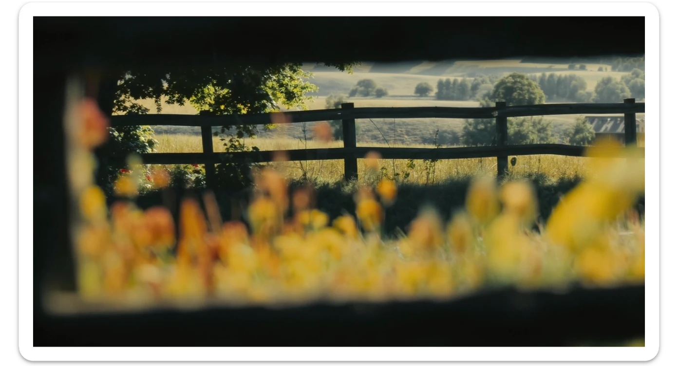 "Two shot" in the foreground, blurred plants in the foreground (frame within a frame), a wooden fence and colorfull flowers in the midground, Poland, rolling hills in the background, cinematic depth of field, layered composition, natural lighting sticker