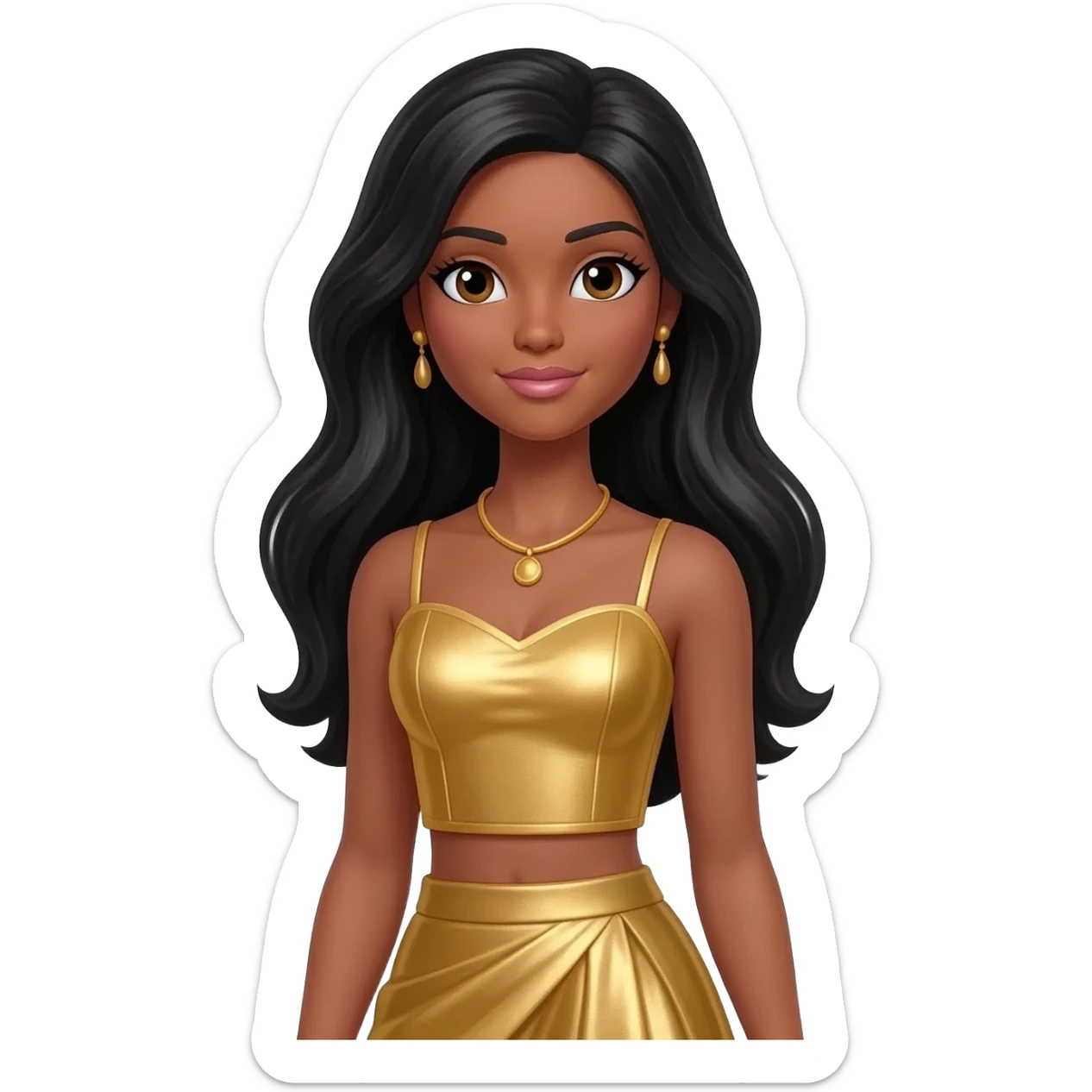 Christie from Barbie and Friends with brown eyes, long black hair, gold metallic sweetheart crop top, gold metallic assymetrical long skirt, gold necklace and earrings sticker