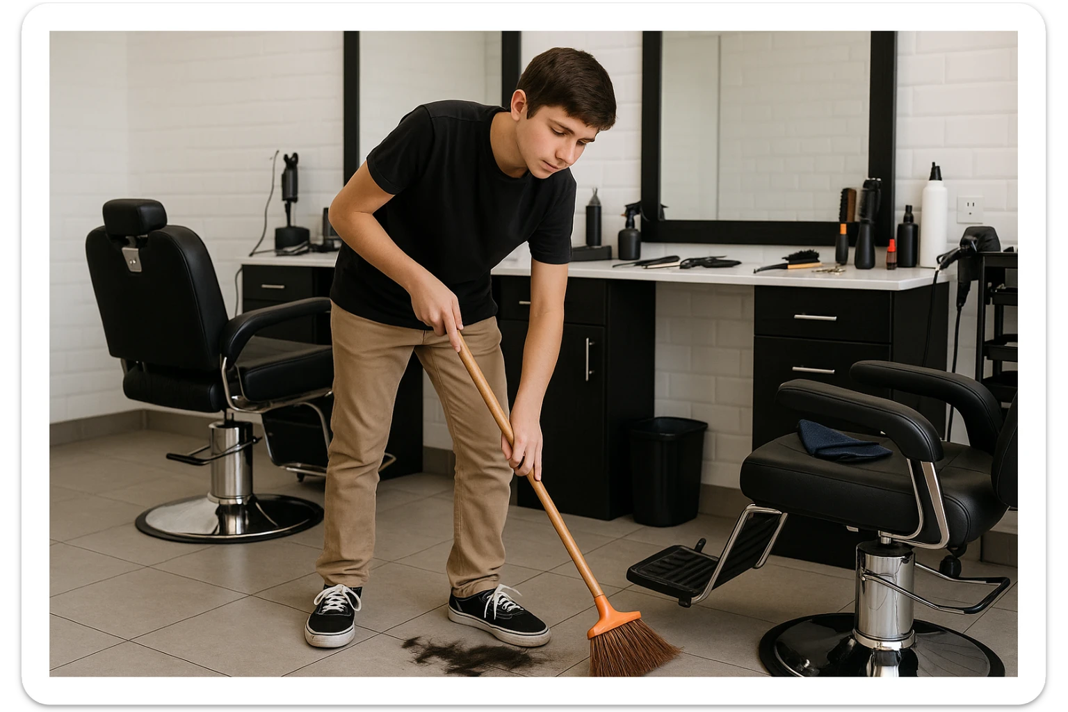 sartaroshxonani tozalayotgan o'smirin bola juda  yosh ham emas katta ham supir sudir qilaytgani narsalarni tozalayotgani  
 sticker