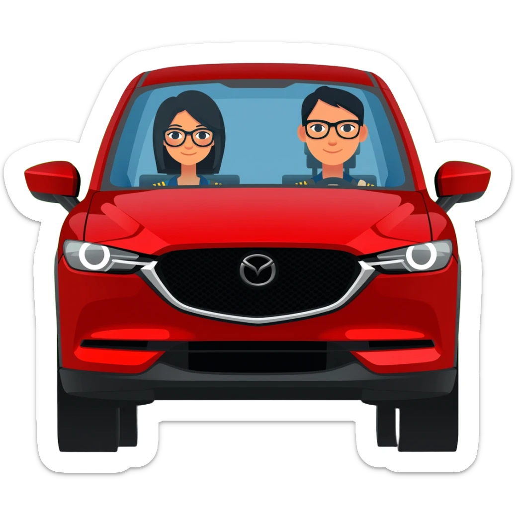 camioneta mazda cx 5 roja con una conductora mujer con lentes de cabello negro y un copiloco hombre de pelo corto negro y lentes, todo en caricatura sobre una avenida principal con paisaje verde sticker