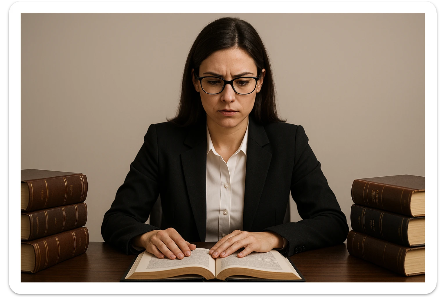 lawyer woman, sitting at a desk with law books, glasses, focused, neutral background sticker