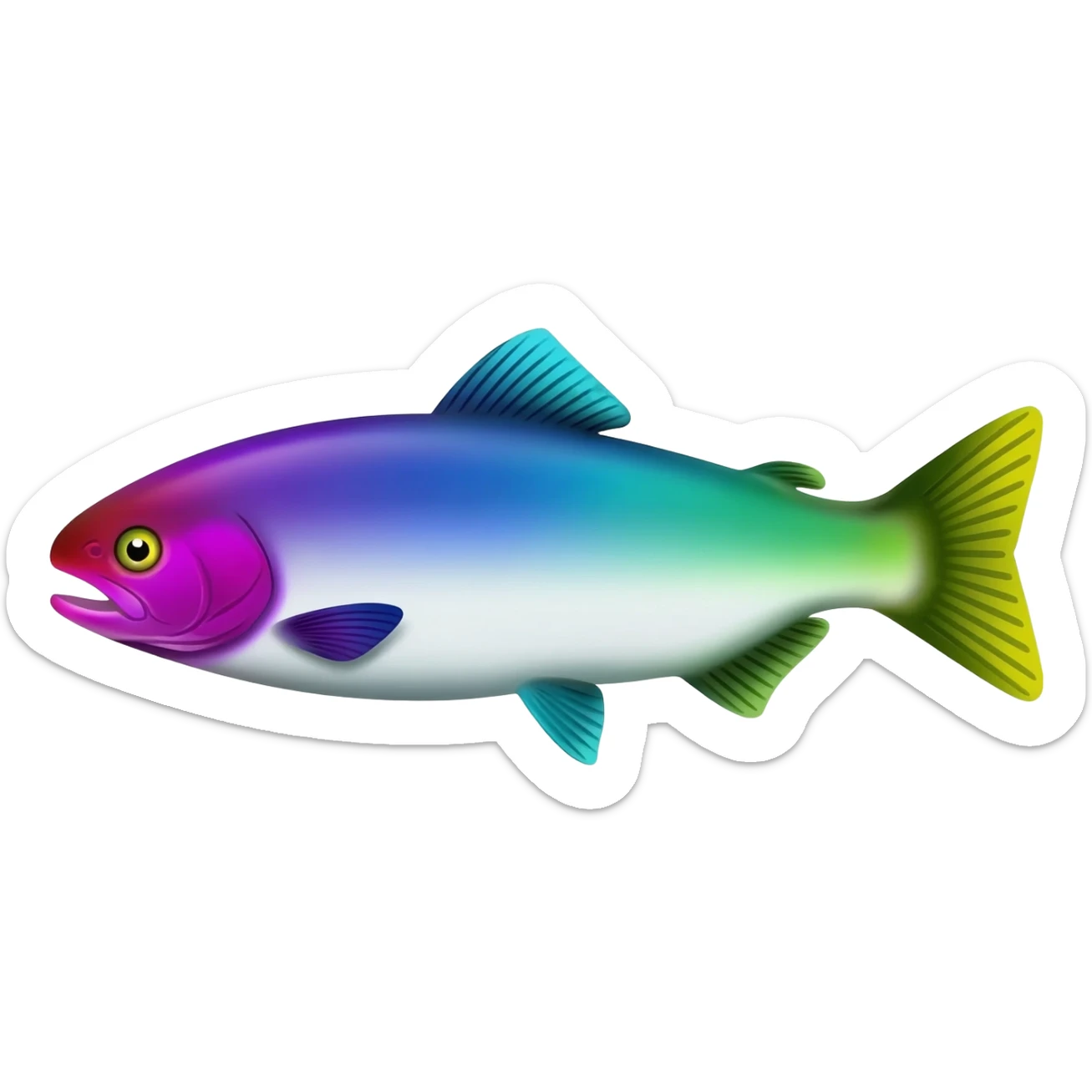 whole rainbow trout fish facing left bright purple blue green yellow white sticker