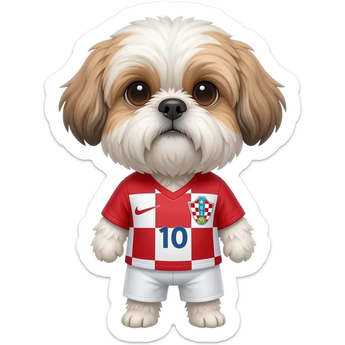 white and light brown shih zhu wearing a Croatia soccer jersey v neck 2026 work cup sticker