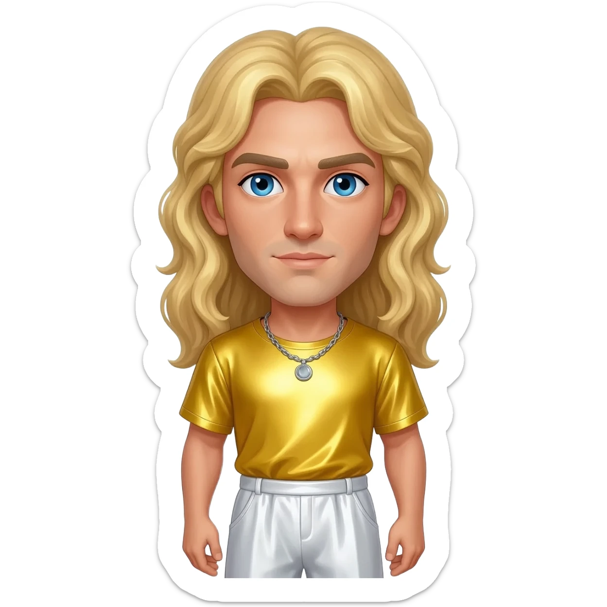 Apollo from Greek Mythology with blue eyes, long blonde hair, yellow metallic shirt, white metallic baggy pants, silver necklace sticker