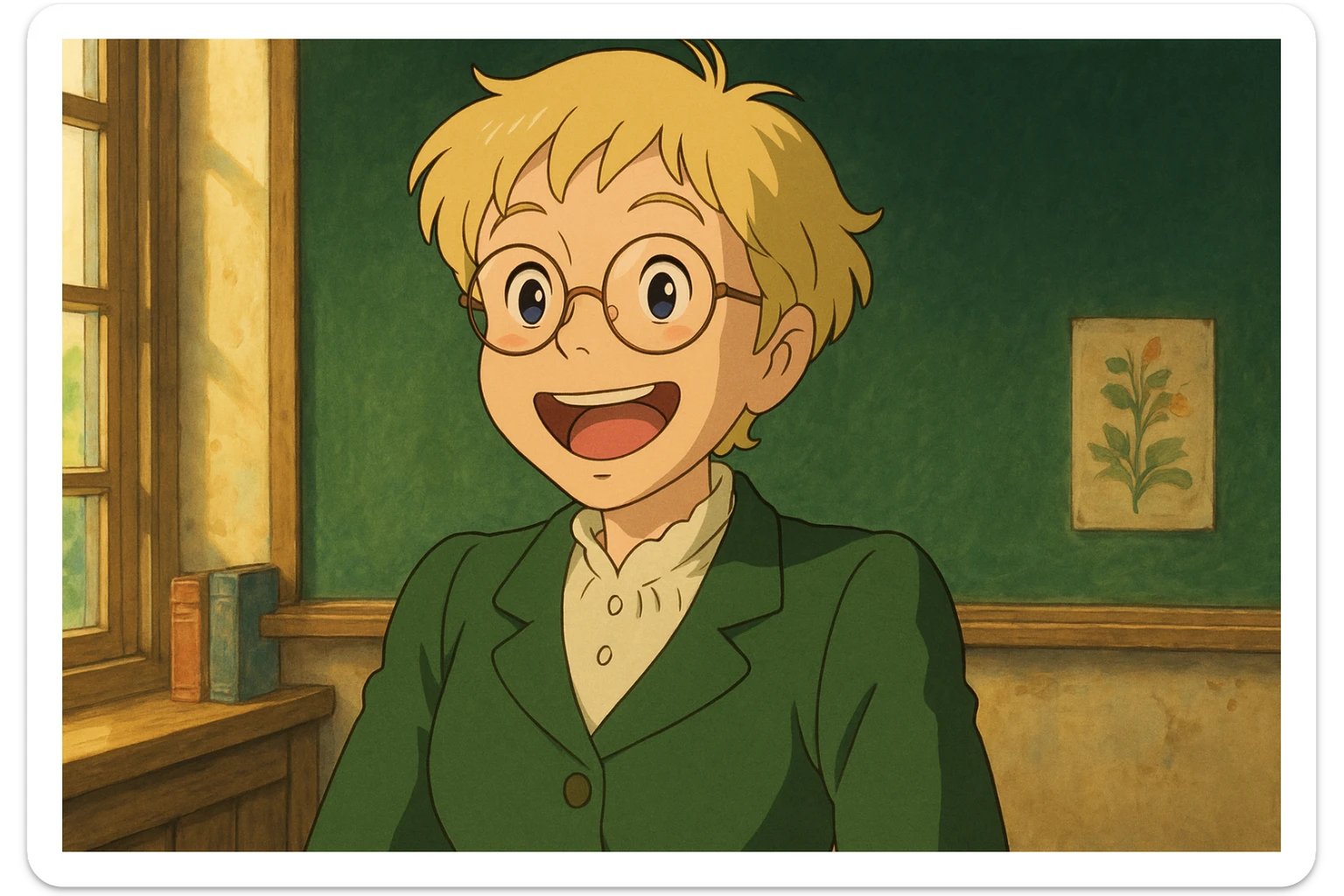 Profesora rubia de pelo corto con gafas redondas, expresión alegre, estilo ghibli sticker