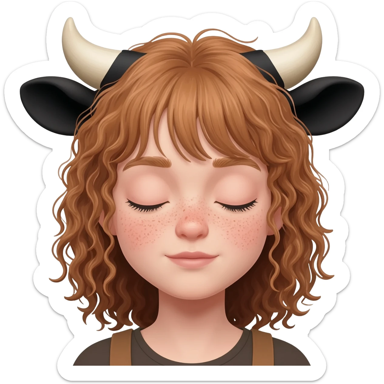 curly girl with freckles with messy light brown bangs covering the eyes with cow horns and cow ears with ribbon in her hair sticker