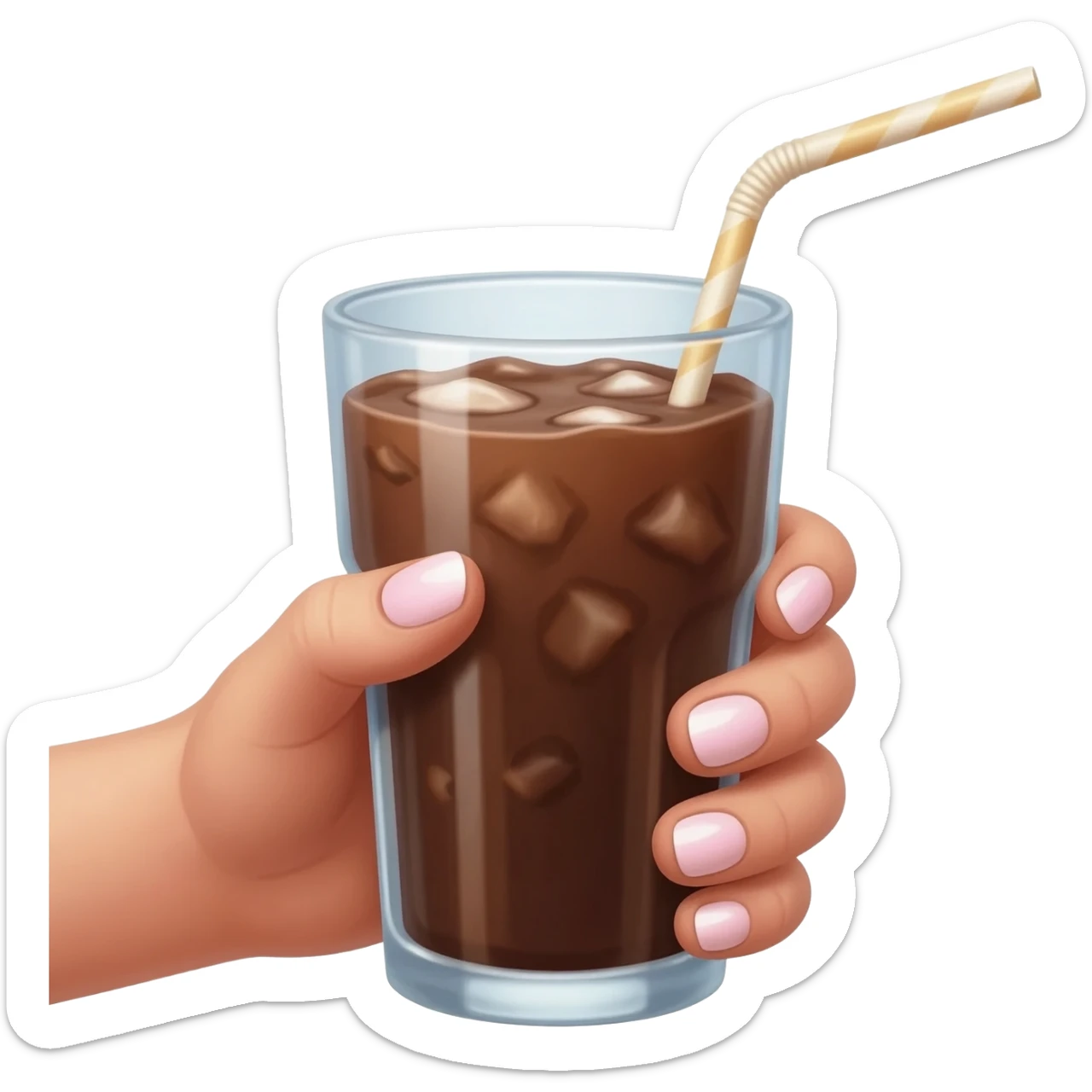 chocolat froid dans un grand verre avec une paille tenue par le bout d’une jolie main de femme avec une belle manucure Style Pinterest réaliste sticker