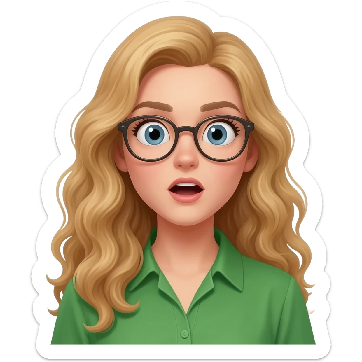 green shirt suprised woman with long curly blonde hair an glasses sticker