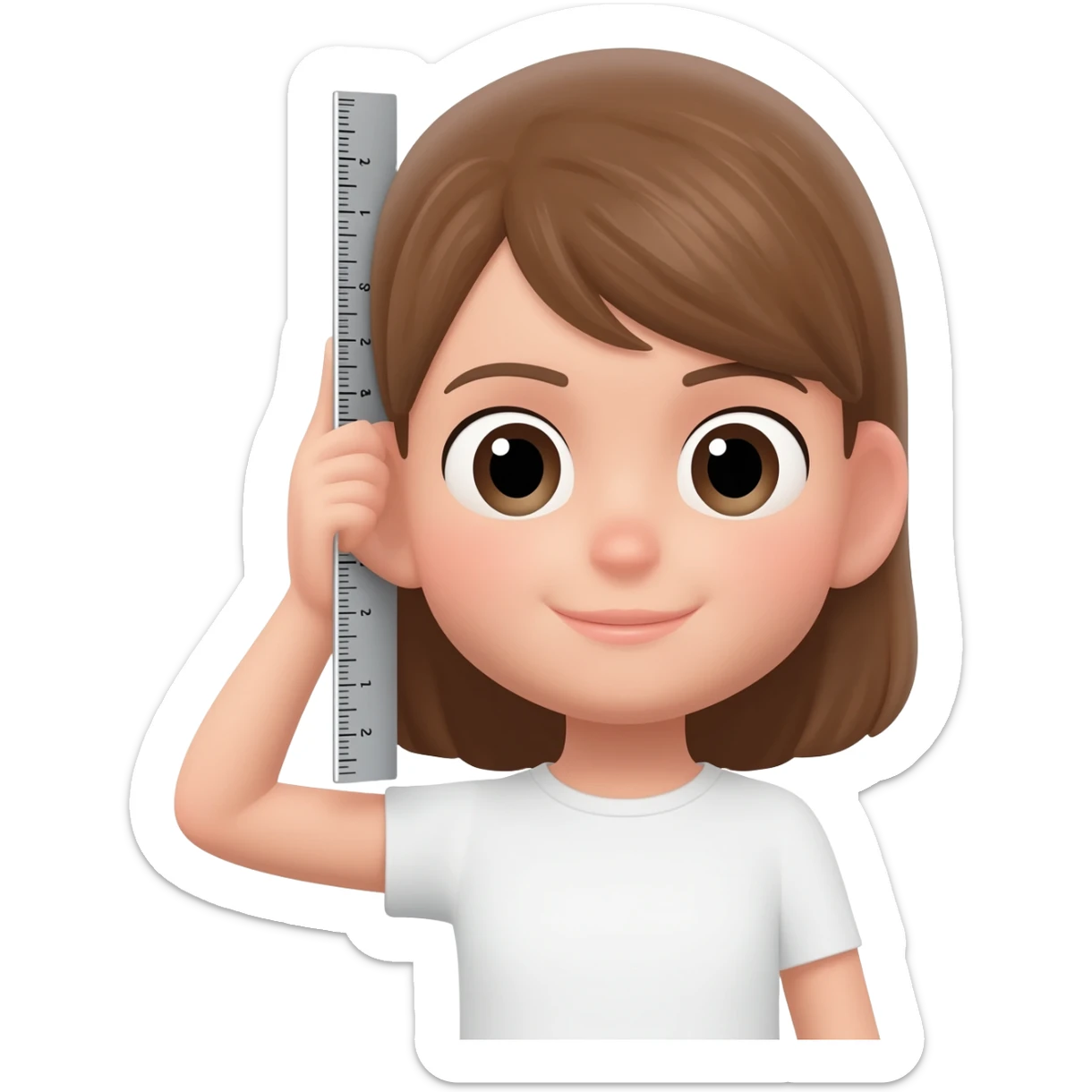 Girl with a ruler held vertically from her ear downwar sticker