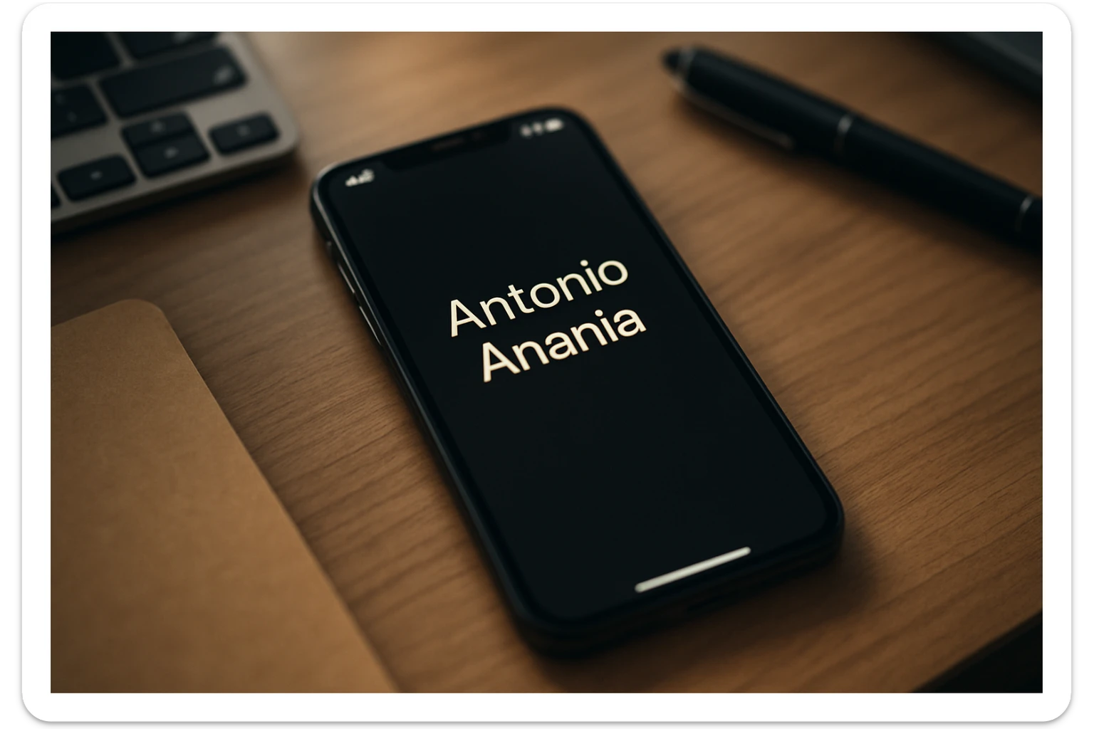 A photo of an iPhone with the message "Antonio Anania" on its screen, The phone sits atop a desk with a blurred background that suggests work environment. A faint glow from above casts gentle shadows across the surface of each object, creating depth and highlighting their textures. sticker