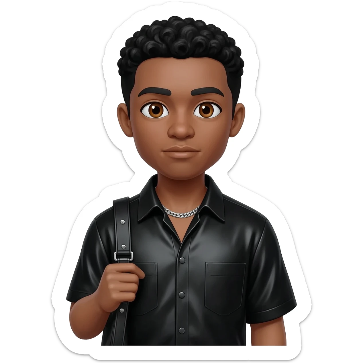 Teddy Riley with brown eyes, black hair, black metallic shirt, black metallic baggy dress pants, silver necklace sticker