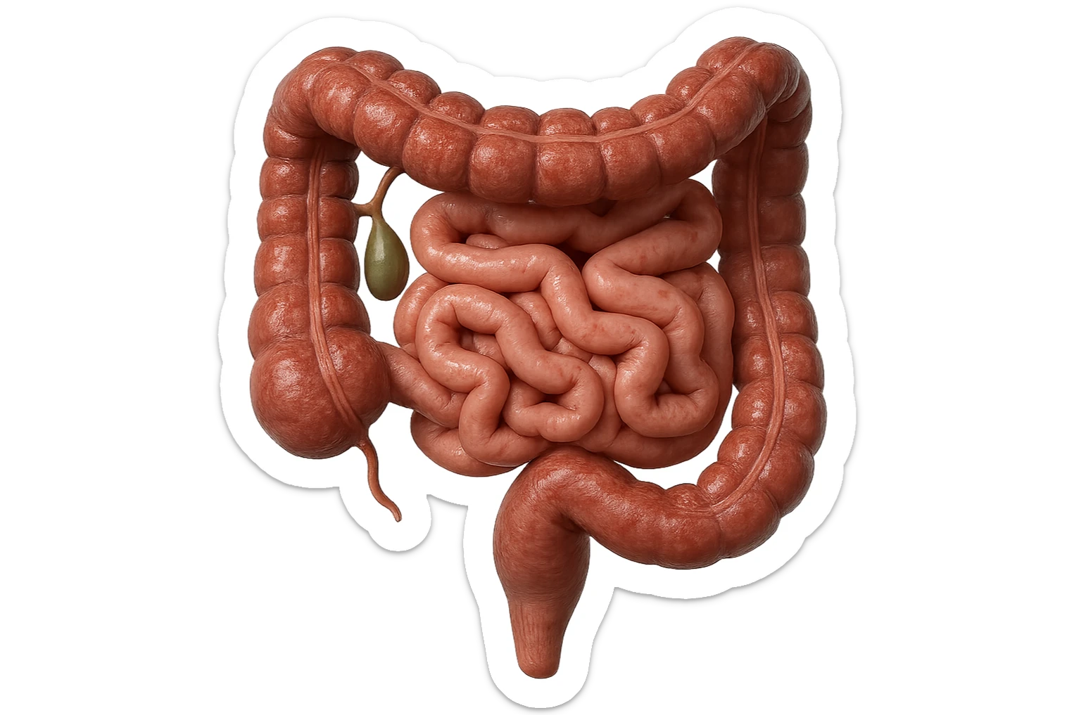 CISTIFELLEA E INTESTINO SONO COLLEGATI NEL DOLORE, SENZA SCRITTE E L'INTESTINO FALLO PERFETTO E REALISTICO, NON DISEGNATO iperrealistico 4k sticker