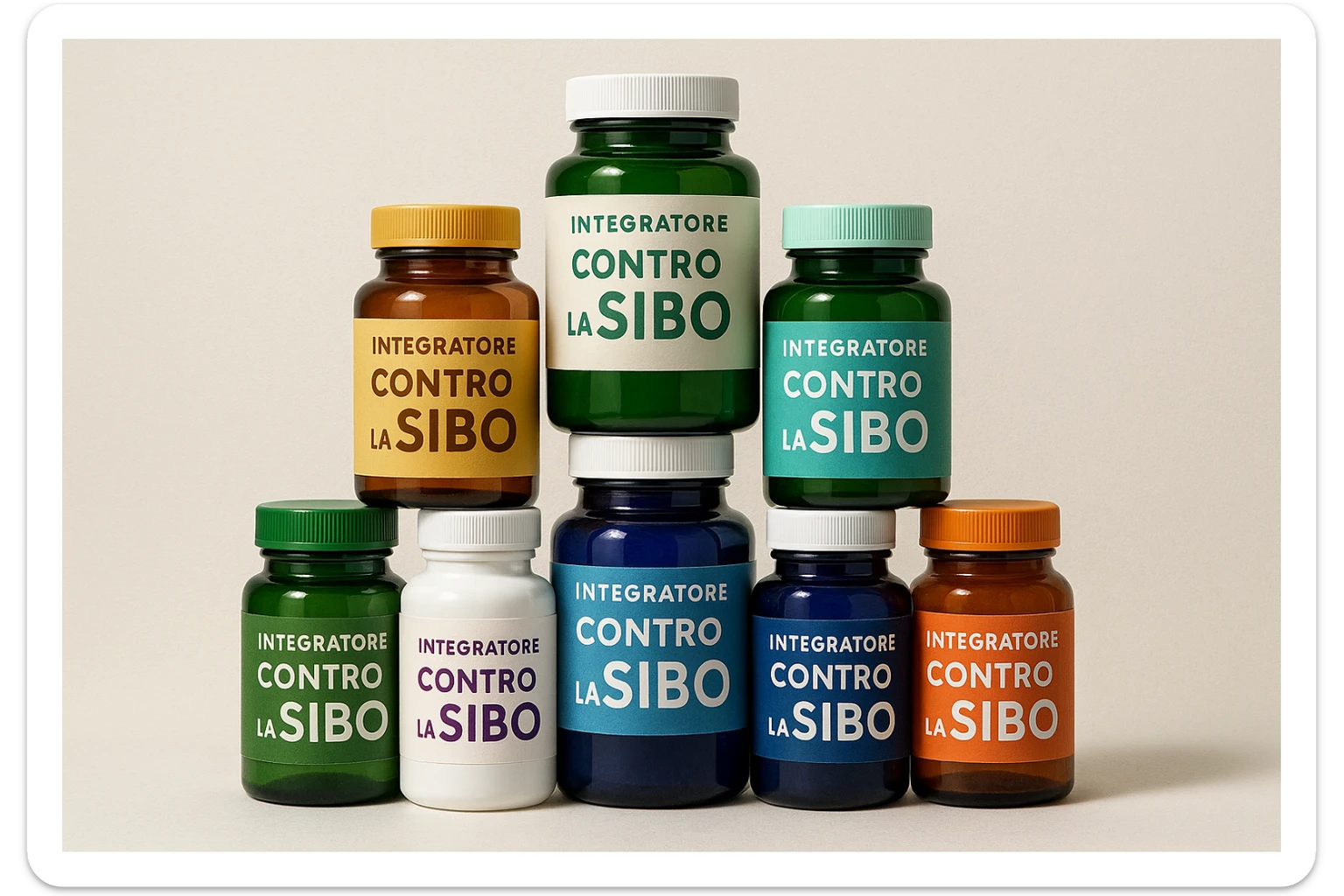 montagna di barattoli di integratori contro la SIBO con etichette in italiano sticker