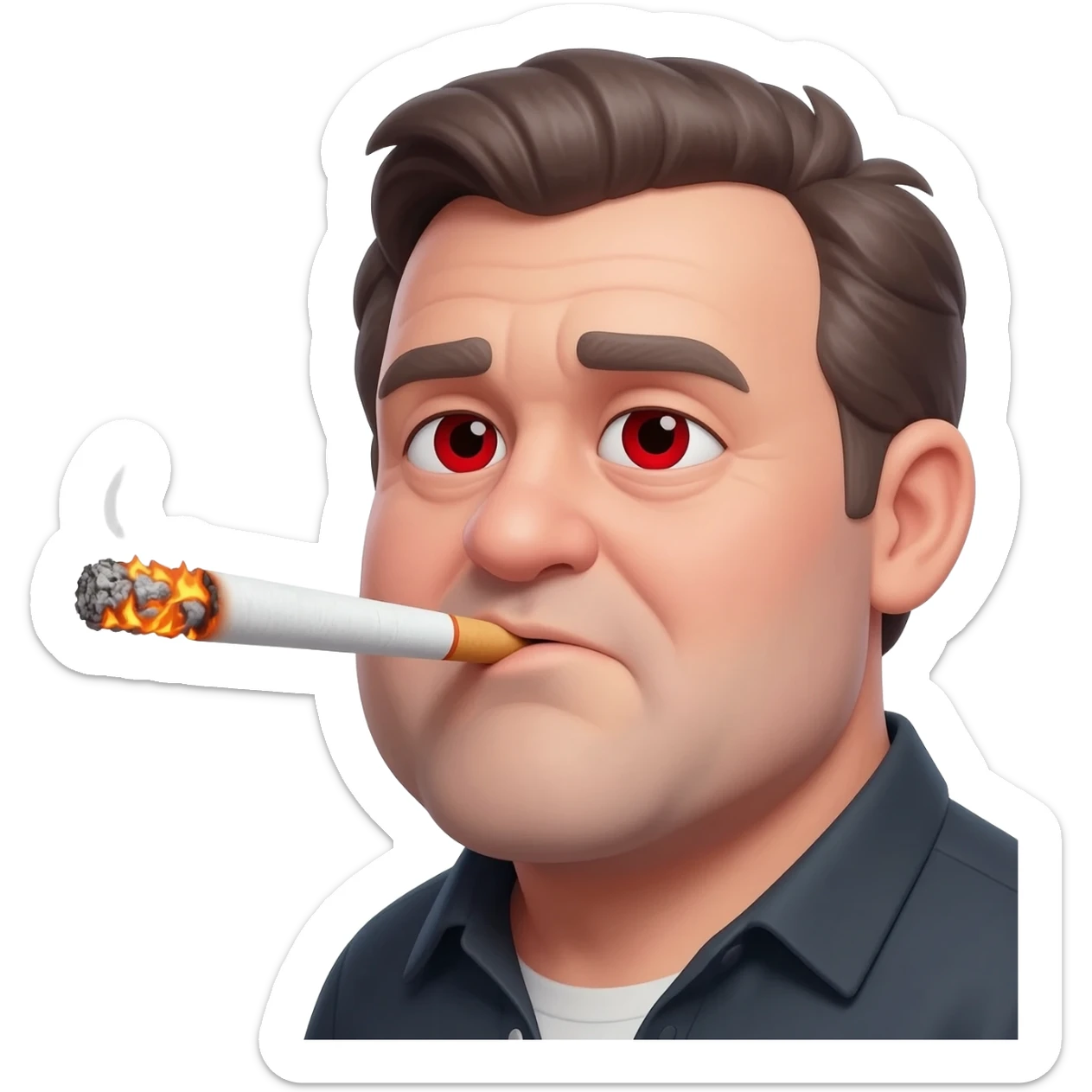 Chubby goofy looking middle aged  white guy with dark brown, but graying hair and bloodshot eyes, Smoking A SUPER HUGE white joint with orange and ash with hot ash and smoke rising off of it sticker