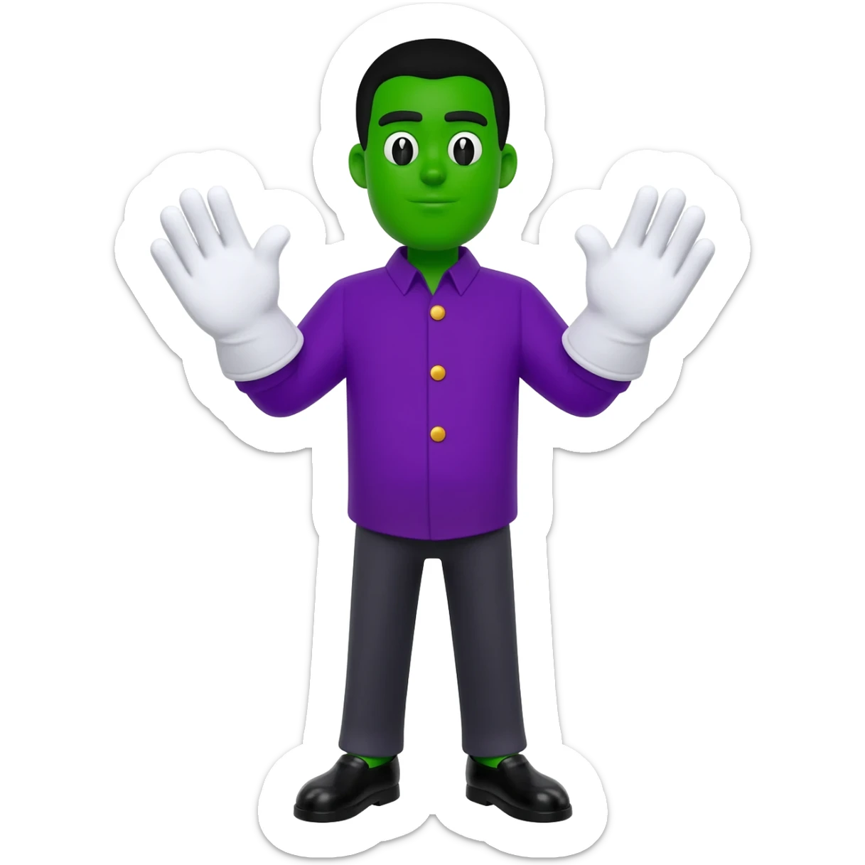 Cartoon black male around face green with big white gloves overall two gold buttons and purple shirt and black shoes black hair full body sticker