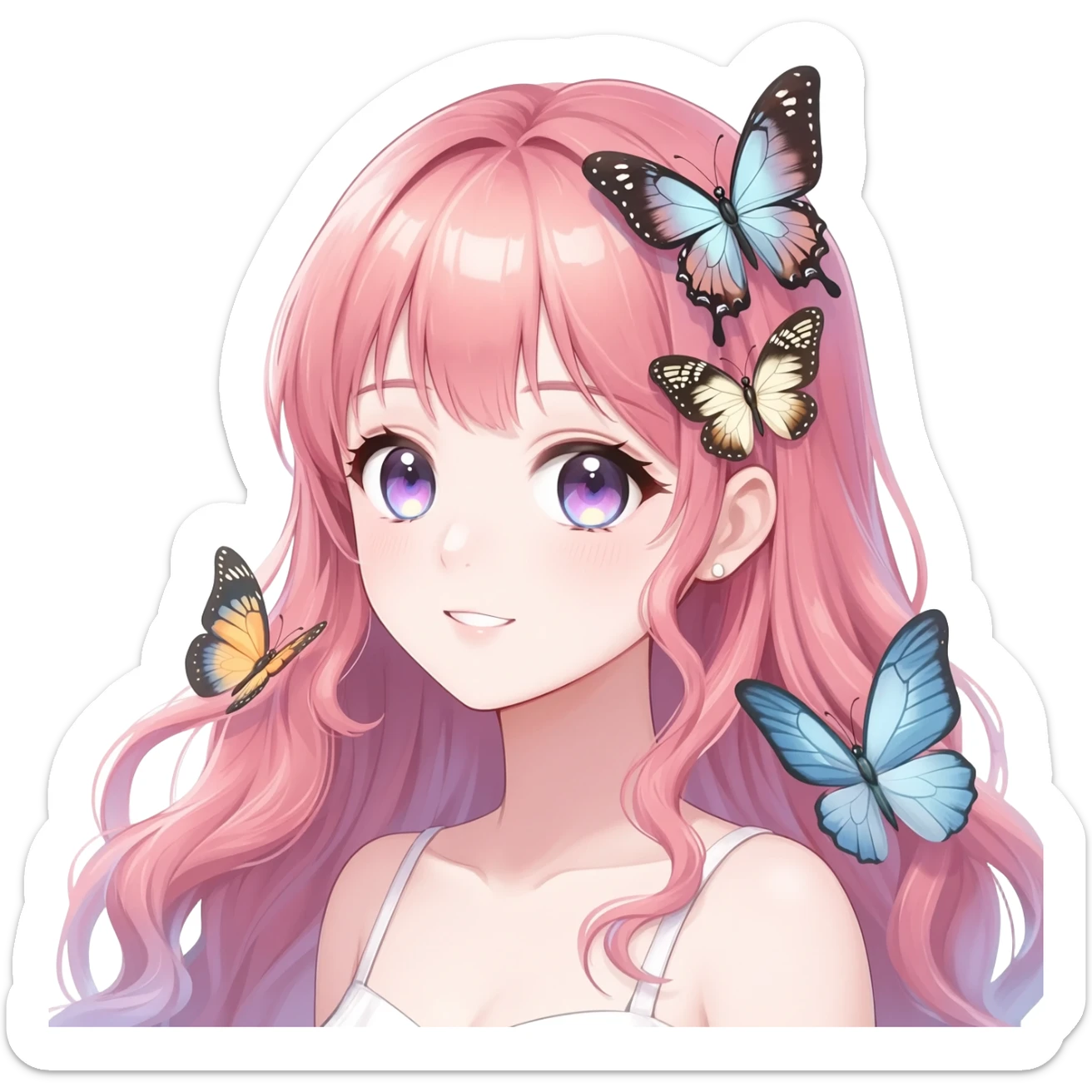 gorgeous shiny anime lady with butterflies and beautiful hair fairycore cottagecore high quality detailed sticker