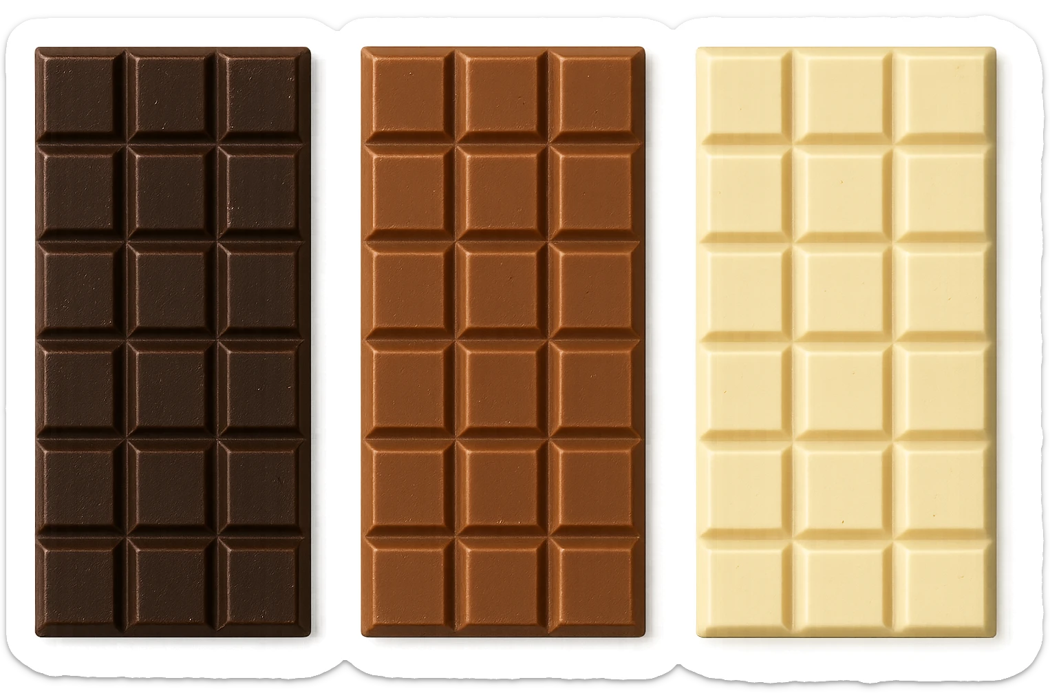 3 BARRETTE DI CIOCCOLATO, UNA FONDENTE, UNA AL LATTE E UNA BIANCA, VISTE DALL'ALTO, IPERREALISTICO 4K sticker