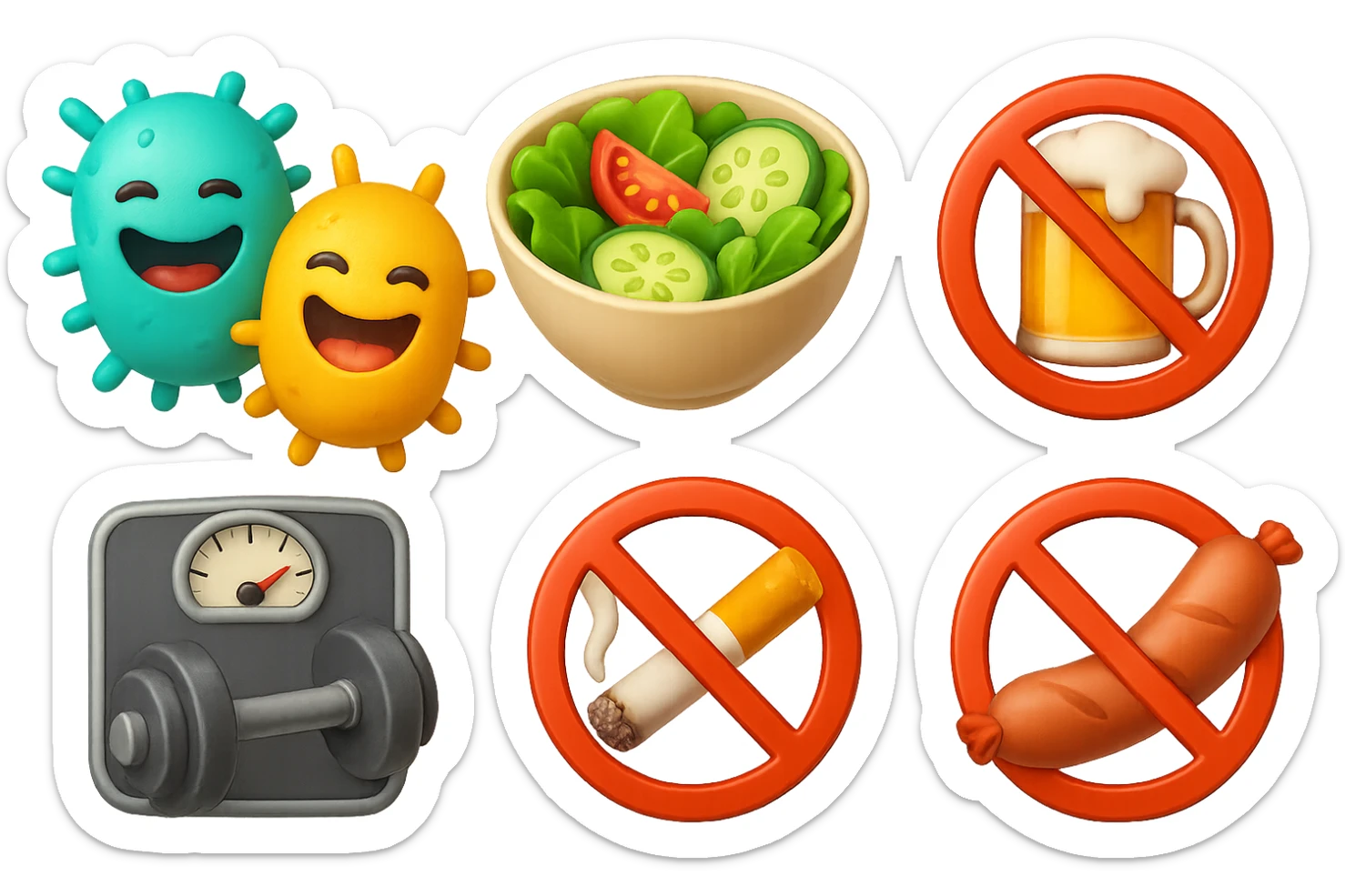 emoji stile iphone di: due batteri intestinali felici, una bowl di insalata, una bilancia pesapersone, manubri da palestra, e un boccale di birra con divieto 3d sopra, una sigaretta con divieto 3d sopra e un wurstel con divieto 3d sopra, fluttuano in aria, iperrealistico 4k sticker