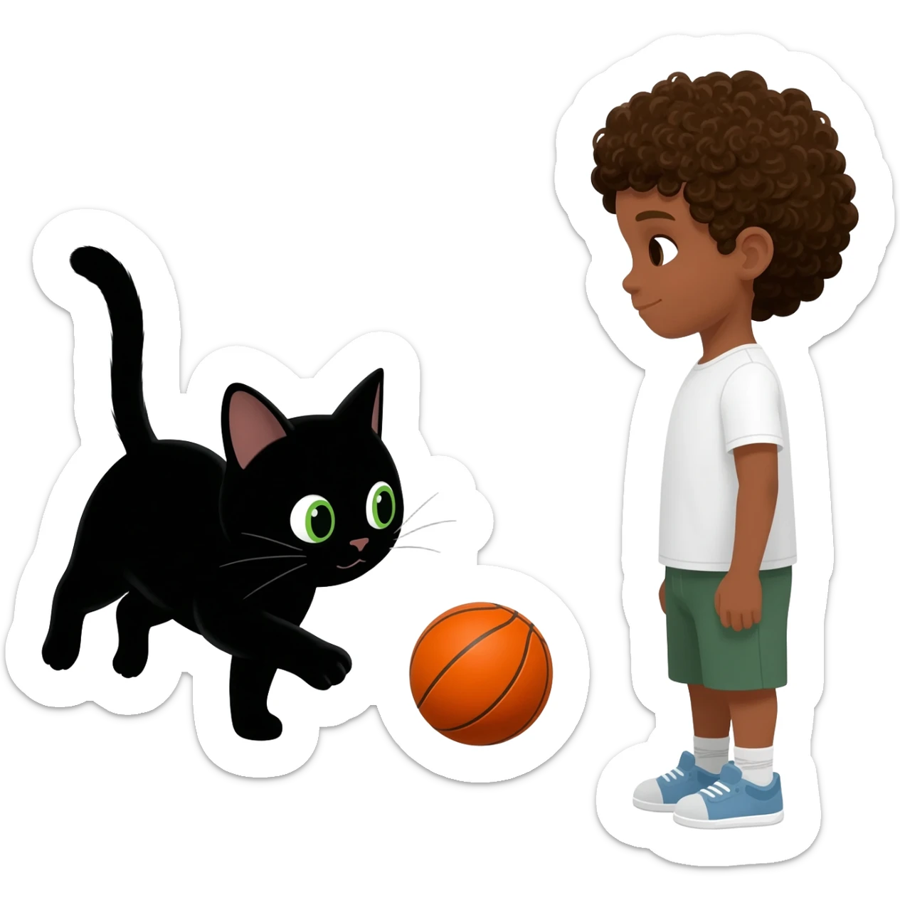 Black cat playing with orange basketball and a little white boy with curly hair sticker