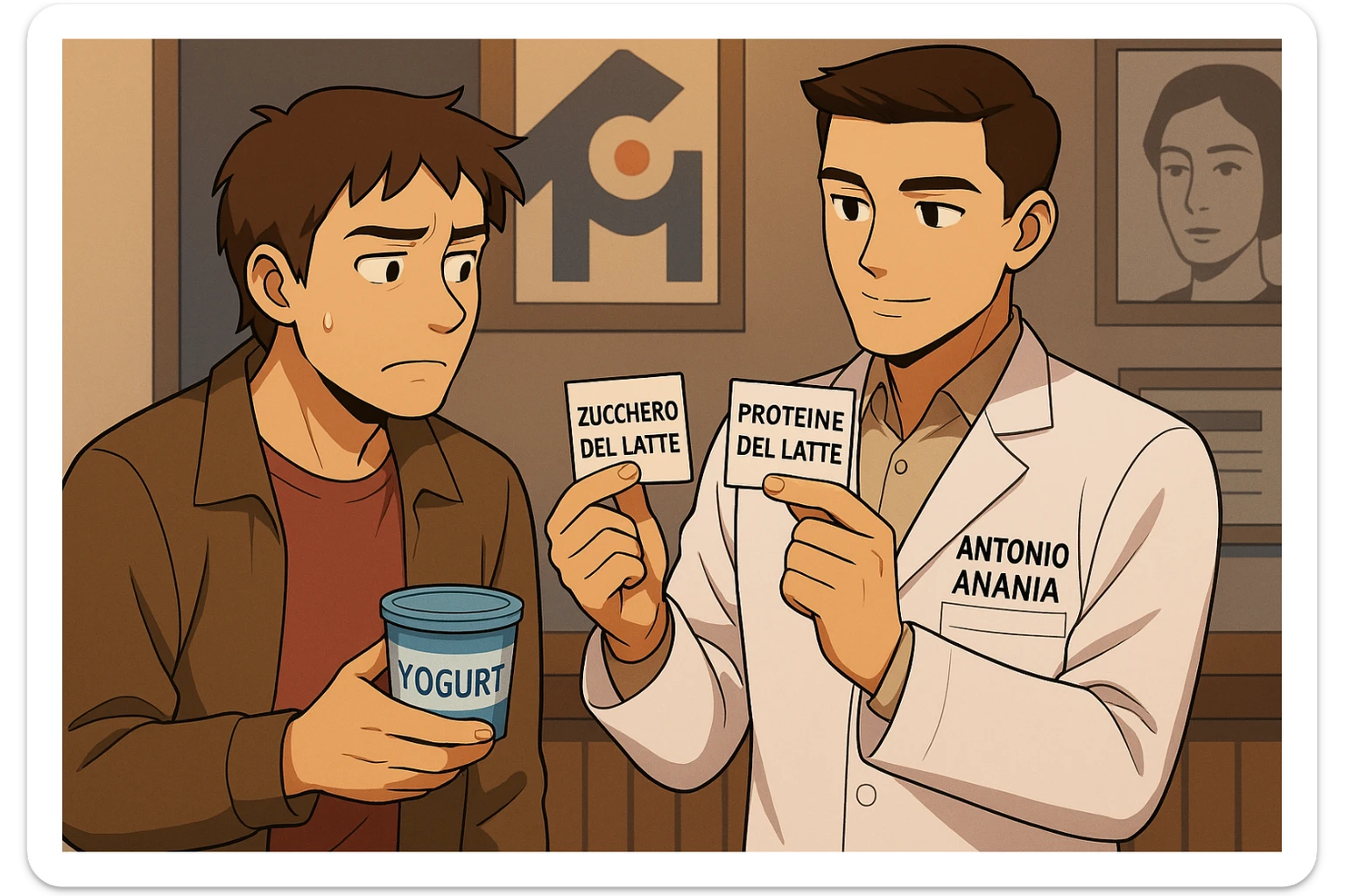fai un webtoon manga a colori con questo stile, in cui un uomo ASCOLTA Il kinesiologo con il camice bianco (fagli anche la scritta "ANTONIO ANANIA" SUL CAMICE, IL KINESIOLOGO SPIEGA ALL'UOMO UNA COSA TENENDO DUE FOGLIETTINI IN MANO, UNO CON LA SCRITTA "ZUCCHERO DEL LATTE" E UNA CON LA SCRITTA "PROTEINE DEL LATTE". L'UOMO OSSERVA LO YOGURT CHE HA IN MANO CON ESPRESSIONE DUBBIOSA IN VOLTO. non fare i fumetti però, fai solo in modo che sembri stiano parlando sticker