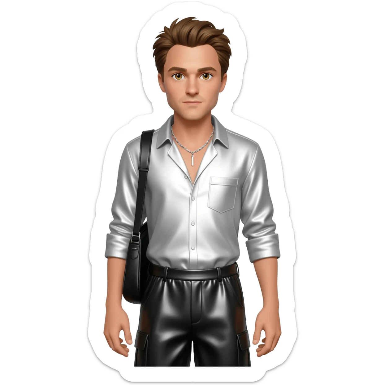 Robert Pattinson with hazel eyes, brown hair, white metallic shirt, black metallic baggy pants, silver necklace sticker