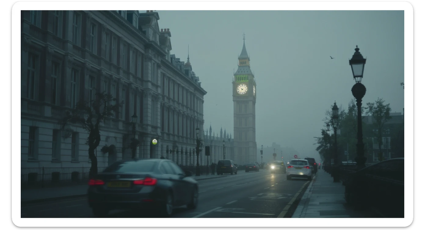 Cinematic shot of a london street, cloudy foggy day, soft light, leading lines to big ben in distance, multi composition, in foreground blurred car, on second street around UK bulding, od another plan in distance big ben, birds flying, artistic look, captured on arri alexa 35 sticker