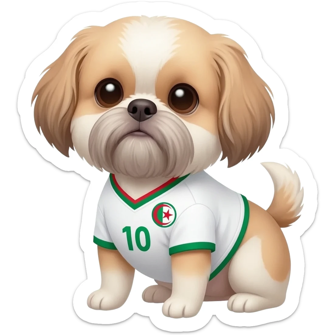 white and light brown shih zhu wearing a Algeria soccer jersey v neck 2026 work cup sticker