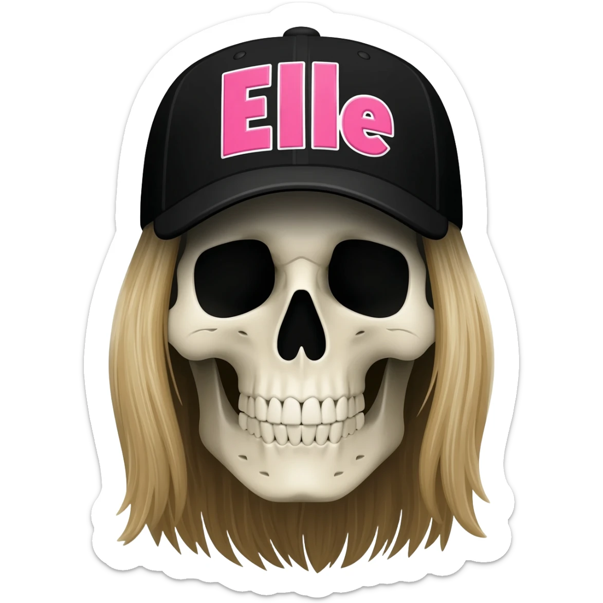 A skullhead thats wearing a black baseball cap with the words "Elle" in pink and white with long blonde hair sticker