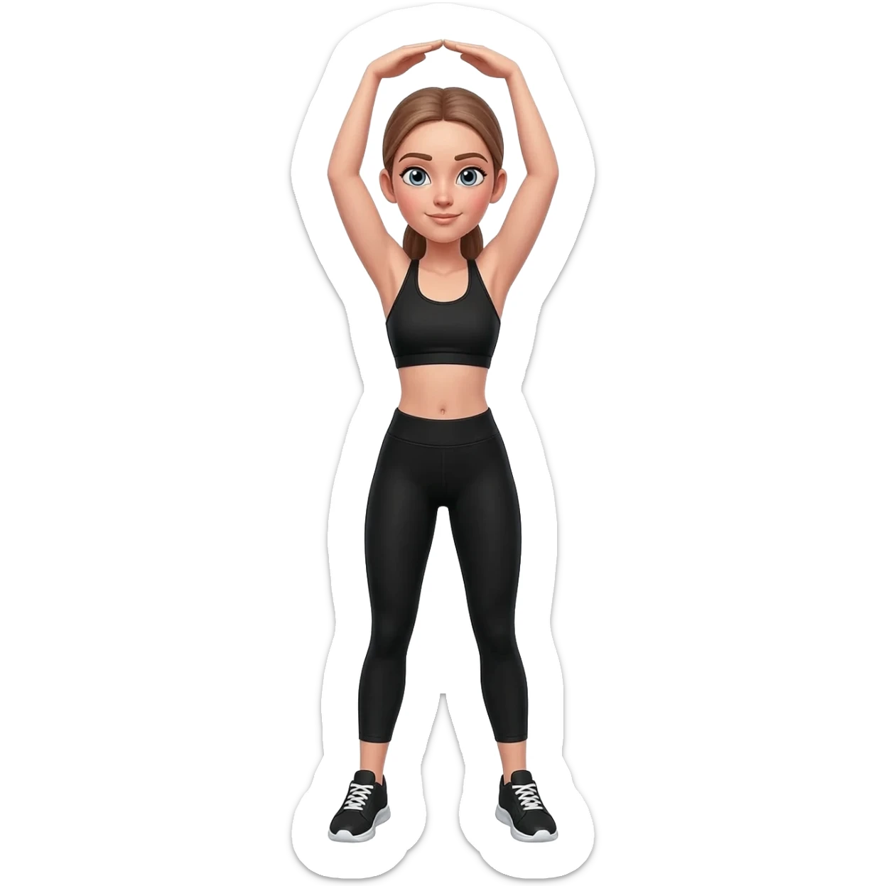 morning stretch with both arms overhead, fair-skinned woman, gray-blue eyes, ash brown brows, ash light brown hair tied back, slim athletic body, black workout set, black sneakers with white soles sticker
