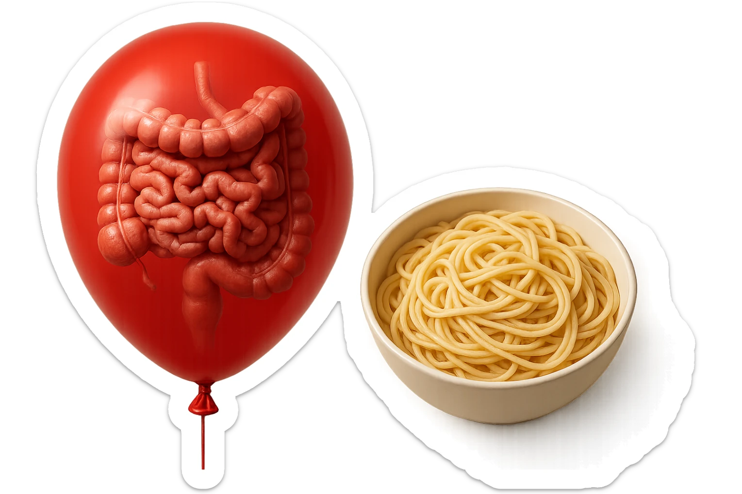 intestino umano anatomico chiuso in un palloncino rosso che simboleggia gonfiore, accanto una bowl di pasta, iperrealistico 4k sticker