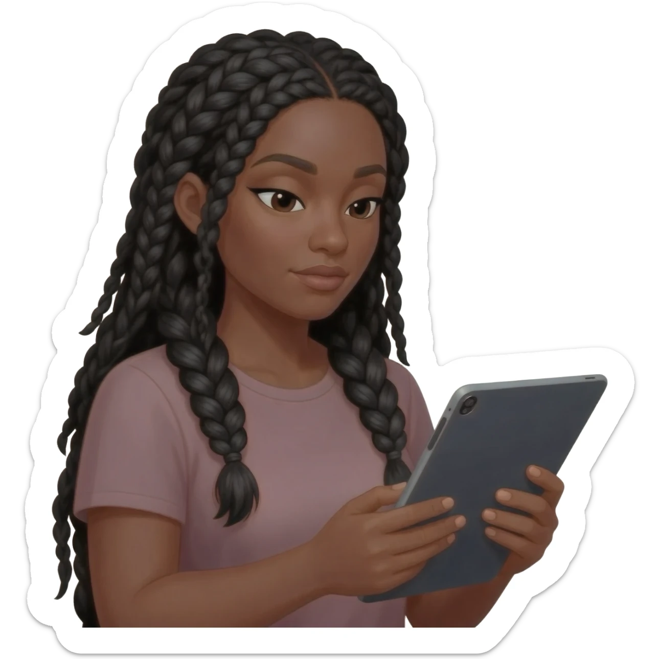 Emoji représentant une femme à la peau marron avec de longues braids noires regardant la tablette graphique dans ses mains sticker