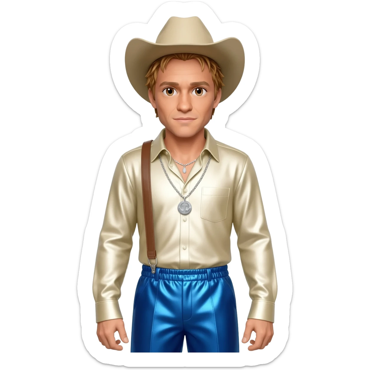 Heath Ledger with brown eyes, golden brown hair, beige cowboy hat, ivory metallic shirt, periwinkle blue metallic baggy pants, silver necklace sticker