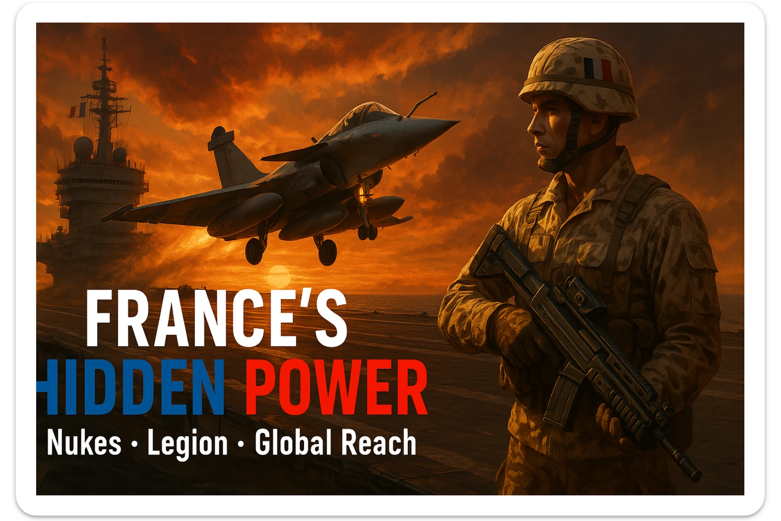 Dramatic 8K scene, 16:9: Rafale jet taking off from French carrier at sunset, orange glow. Foreground: Foreign Legionnaire in desert camo with futuristic weapon. Bold tricolor text: ‘FRANCE’S HIDDEN POWER’. Subtext: ‘Nukes • Legion • Global Reach’. Epic, cinematic, dramatic lighting, 8K resolution. sticker