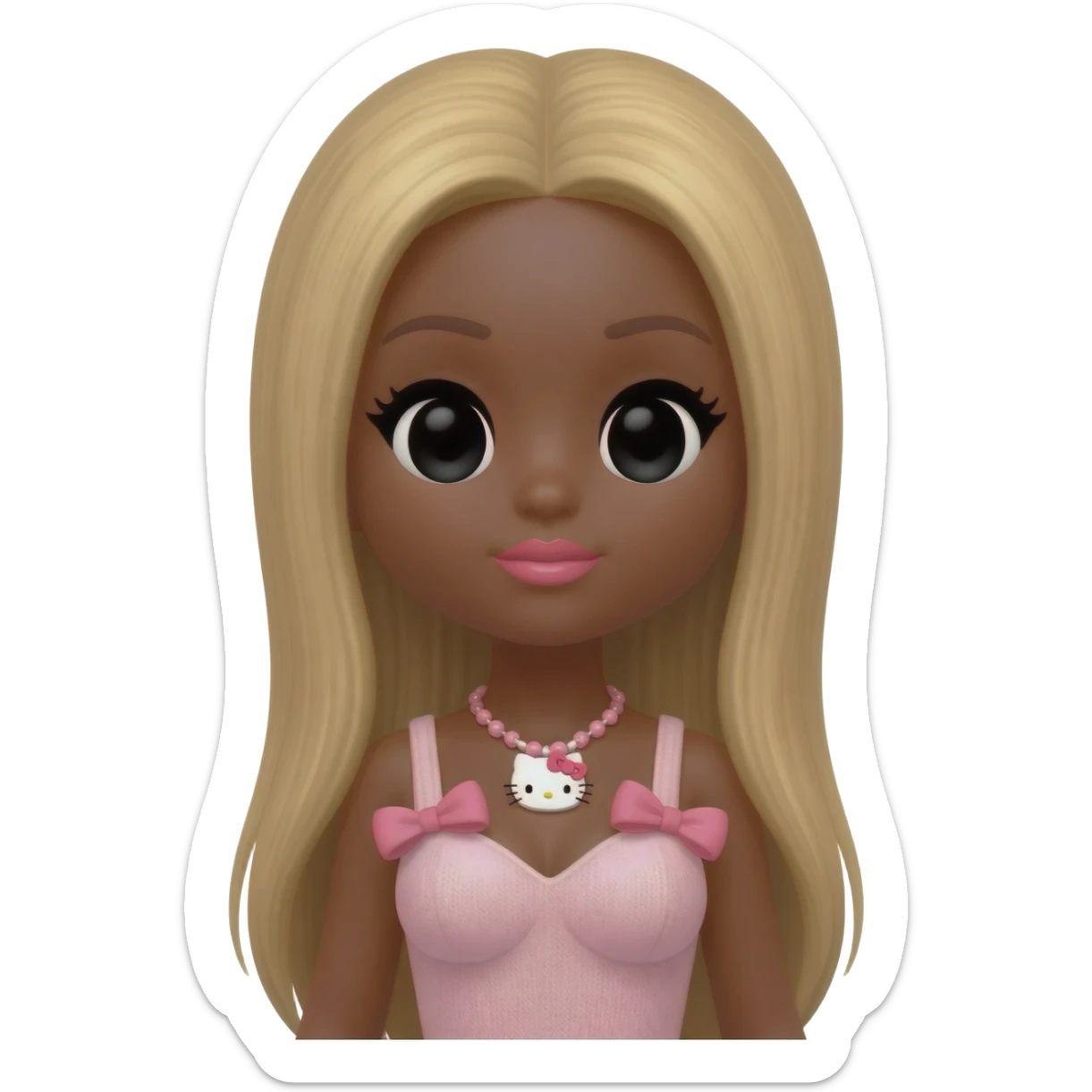 hello kitty necklace, doll eyes, Doll, big chest, dark brown skin, long blonde hair without bangs,  black cute eyes, pink bows with cute lips sticker