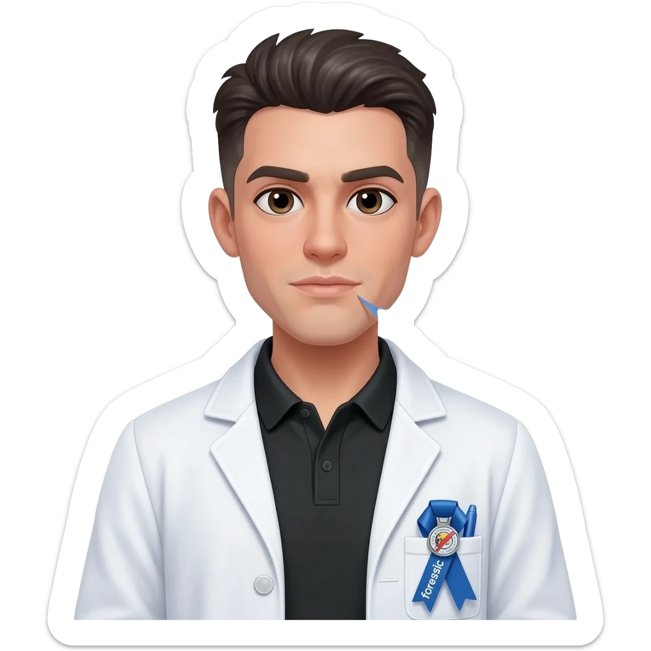 Hacer un emoji con bata, que se alcance a ver una bolígrafo azul en la bata, una polo color negro y un gafete en el pecho con un listón azul que diga forense, la cara que sea androgena un poco femenina, cabello corto peinado, que de su boca salga un globo de hablar que diga 53 sticker