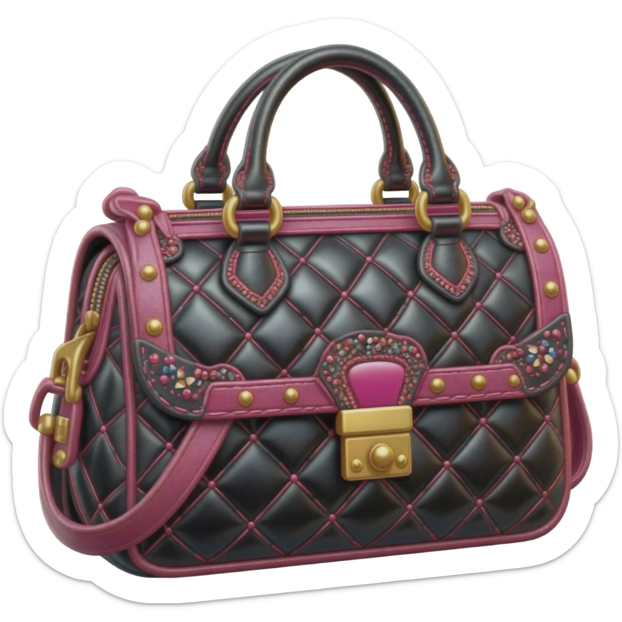 Hyperrealistic, mirco-detailed, Diesel
 Quilted bag in black leather with vivid hot pink stitching thoughtluf, Luxury stylw embellishments that match the vibe,  8k, isolated, 3d rendering, 600 dpi, no emoji icons no emoji faces  sticker