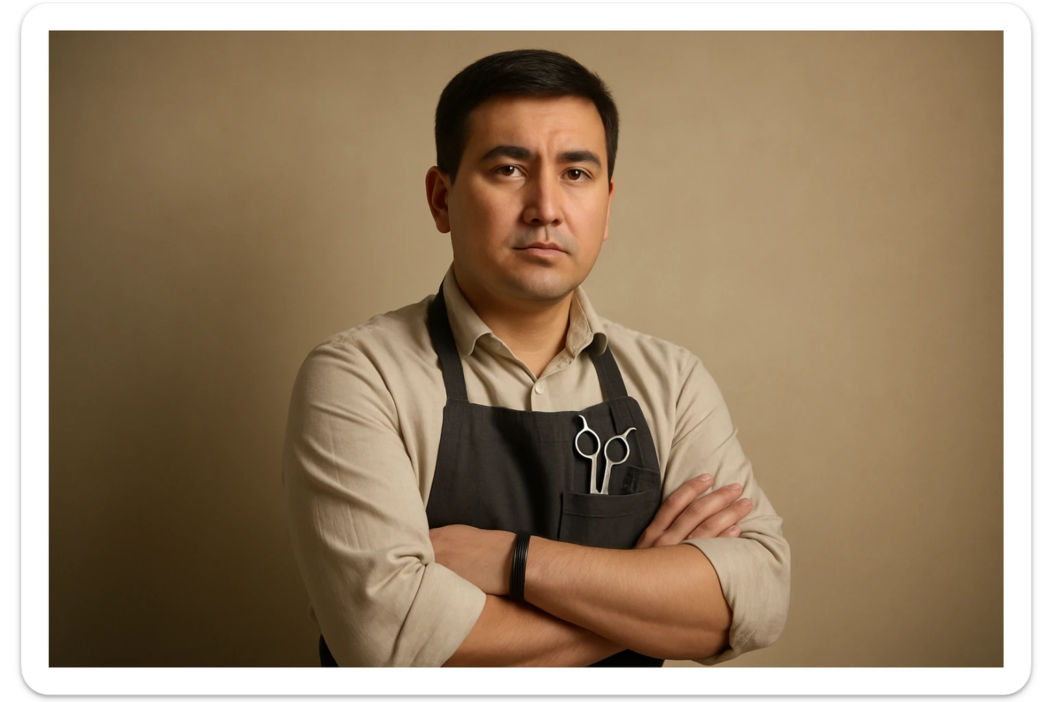 shu pozada turgan sartaroshni tuzib ber uzbek bo'lsin realistik janrda soch turmagi oddiy soqol shart emas sticker